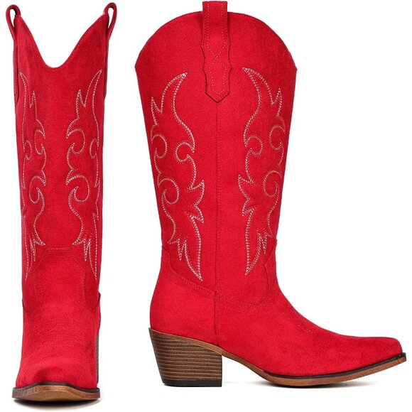 Brown & Red Snip Toe Embroidery Mid-Calf Studded Cowgirl  Women\'s Red Western Cowgirl Boots Mid Calf Snip Toe Boot With Chunky Heel